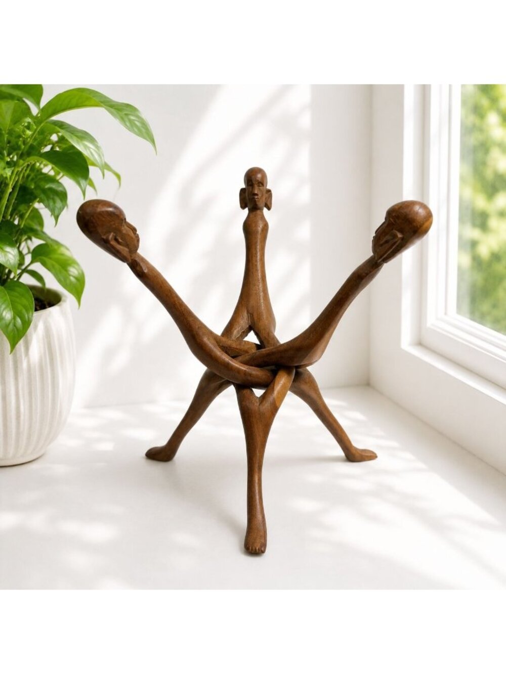 Hand-Carved Wooden Tribal Folding Stand With Human Faces - Vintage Decor Accent